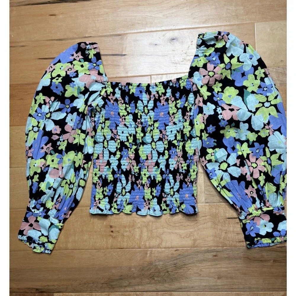 Free People Ariana Printed Cropped Top Women M Multicolor Floral Puff Sleeve